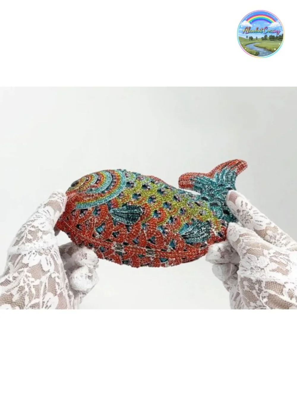 Rhinestone Fish Evening Clutch - Magnetic Closure, Detachable Chain, Sparkling